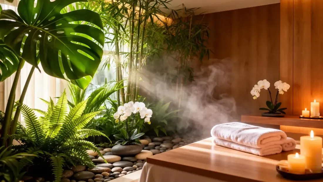 Folded white towels and lit candles on a wooden ledge beside ferns and orchids in a warm, low-lit treatment room