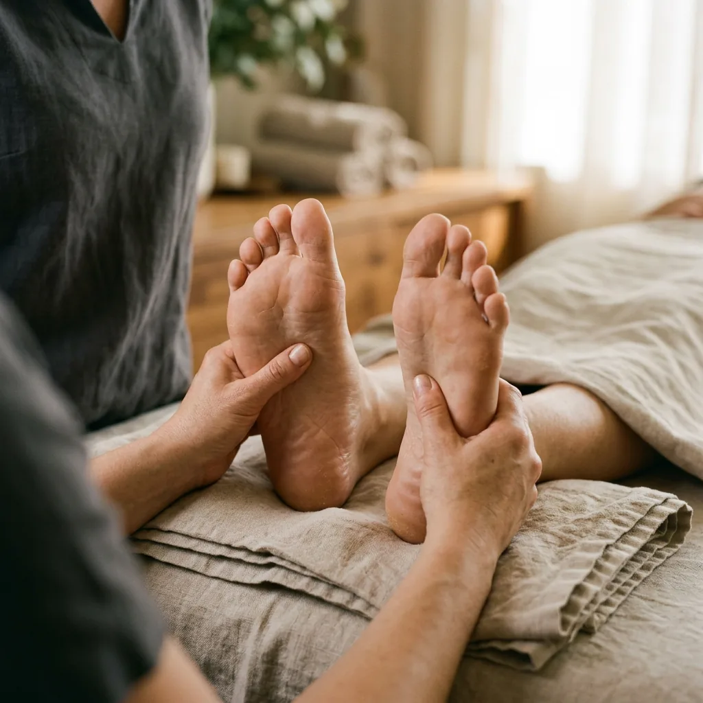 Therapist's fingertips drawn slowly across a client's upper back