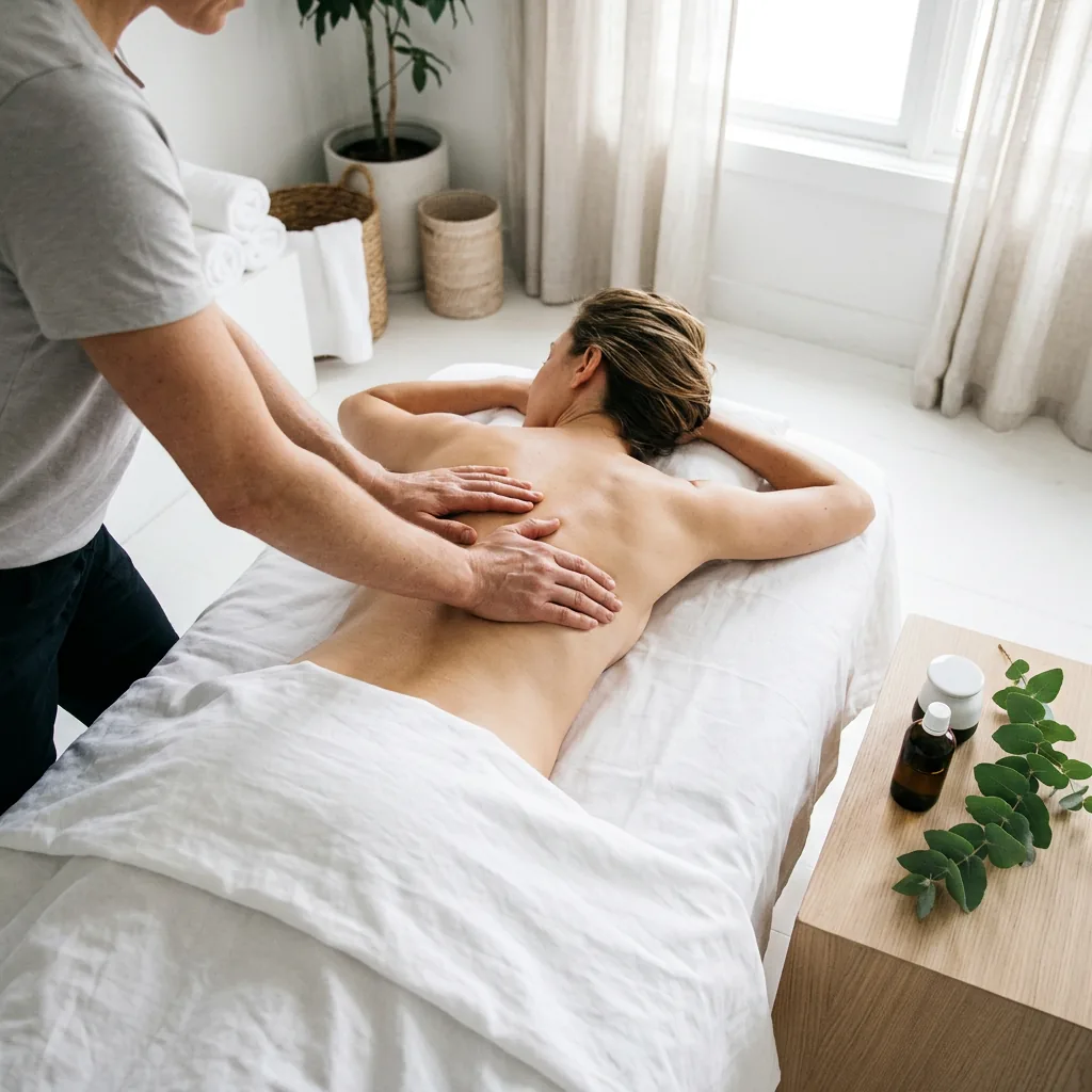 therapist working the back of a client's calf and hamstring