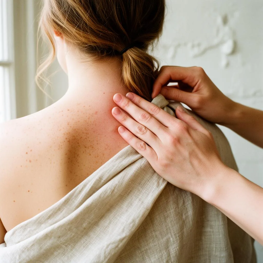 therapist working along the ridge of a client's shoulder and neck