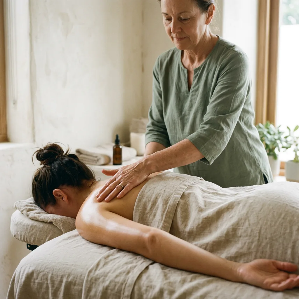 Therapist working long, even strokes down a draped client's back on a massage table