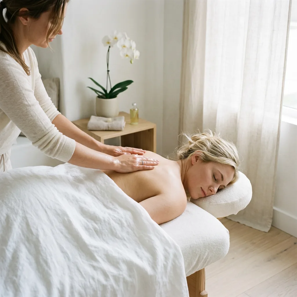 warm oil worked in long strokes across a client's shoulders and upper back