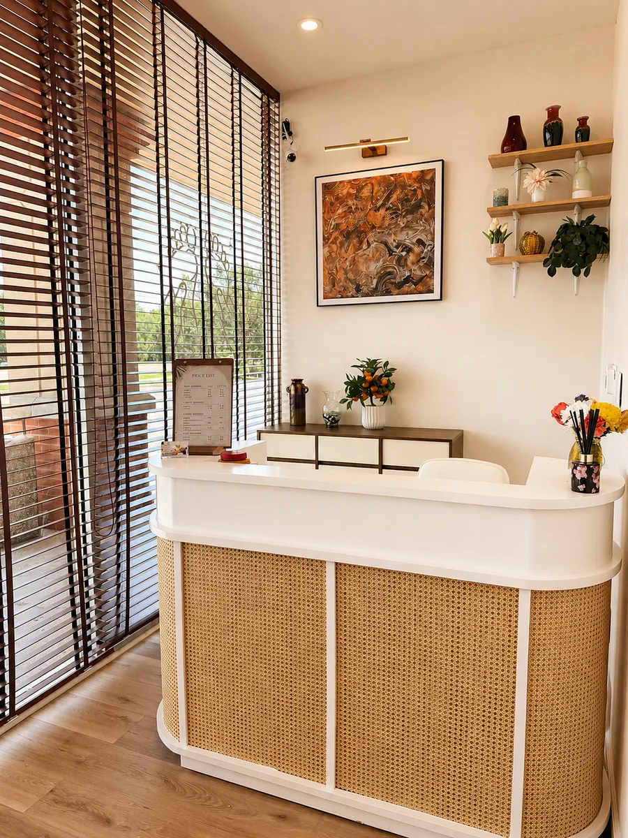 The front desk: a rattan-fronted counter with the printed price list standing on it